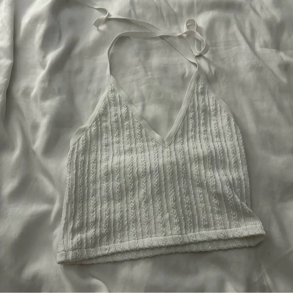 White Ribbed Tie Halter Crop Top